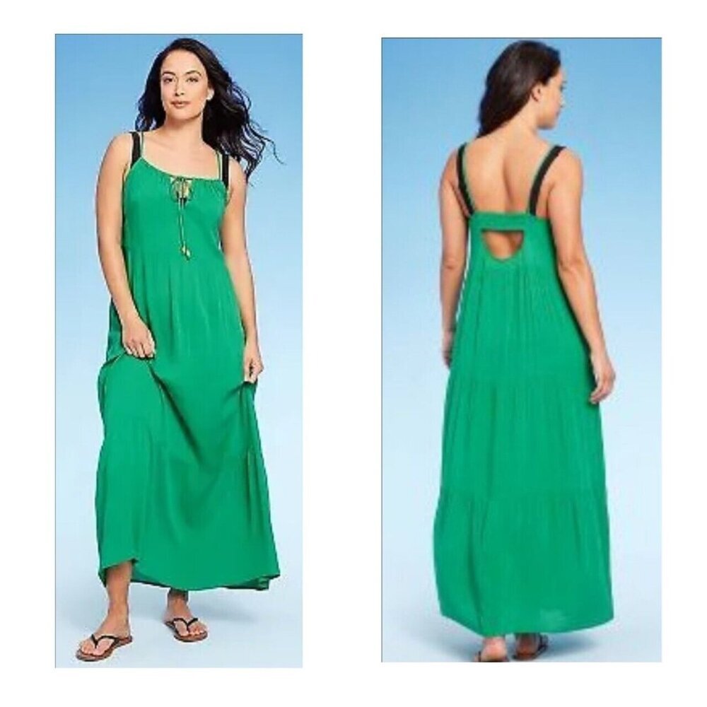Kona Sol Green Sleeveless Tiered Maxi Dress W Adjustable Neck Smocked Back 12/14